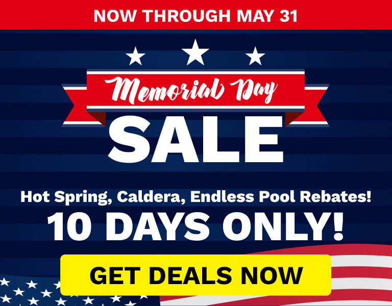 Memorial Day sale banner on a navy striped background with stars, a red ribbon reading 'Memorial Day', large 'SALE', '10 DAYS ONLY!', and a yellow 'GET DEALS NOW' button.