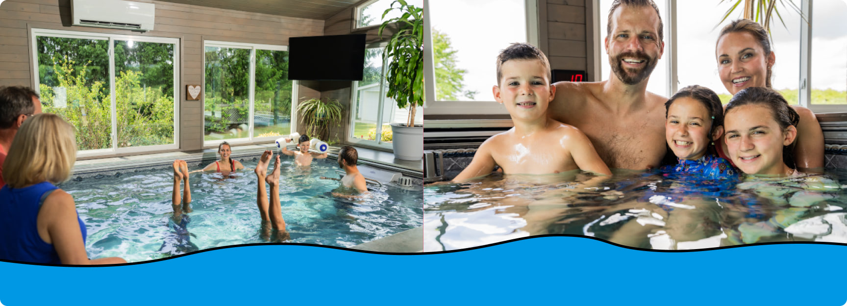 Split image: left side shows an indoor pool with swimmers near large windows; right side shows a smiling family posing in a shallow pool.”,