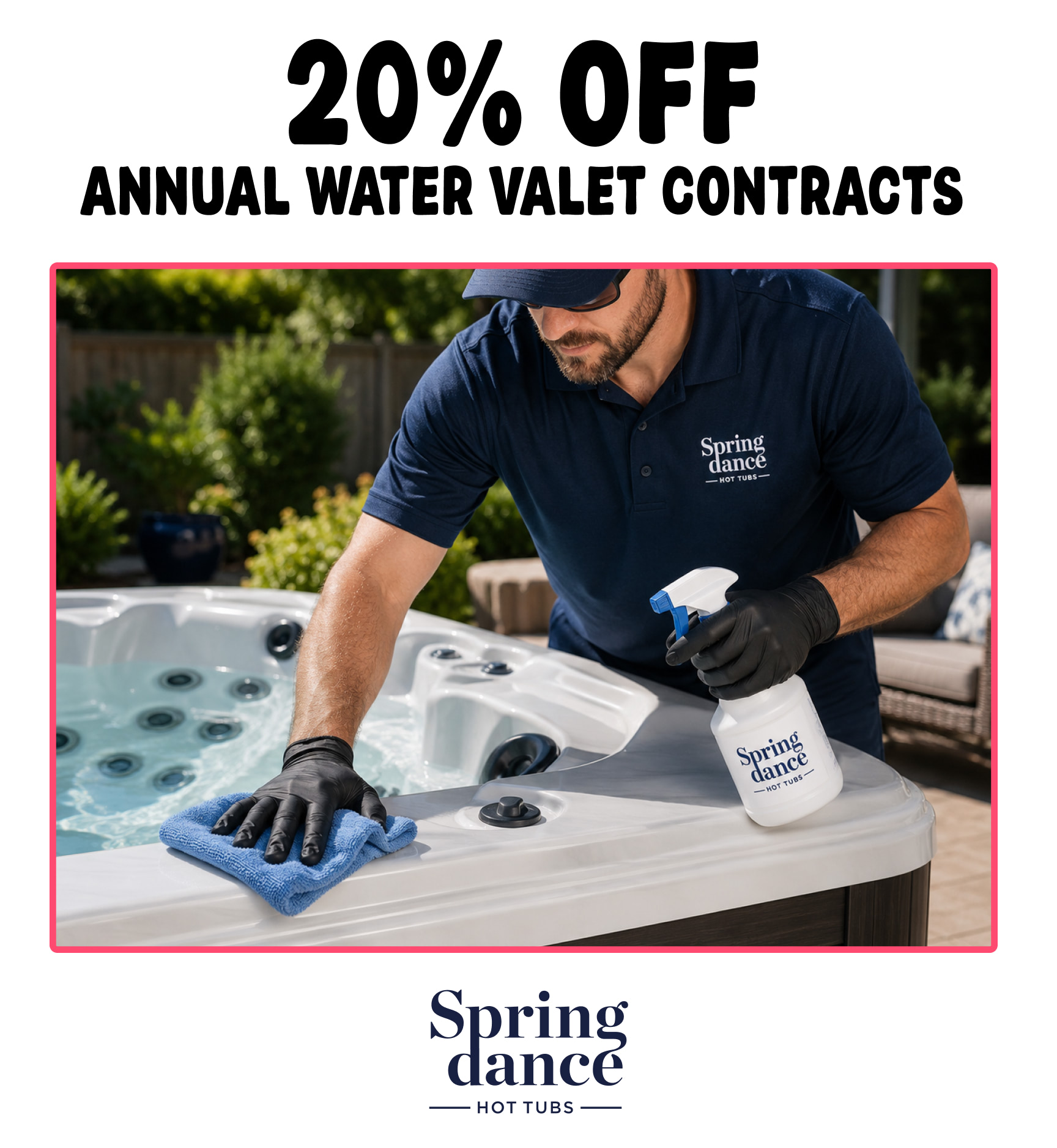 Man in a navy polo cleans a hot tub outdoors with a spray bottle labeled Spring Dance Hot Tubs.