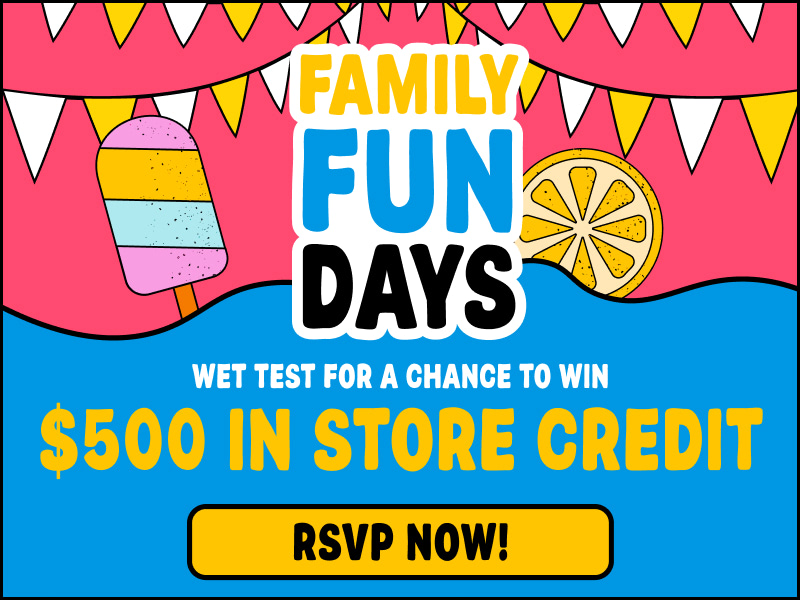 Bright banner for Family Fun Days promoting a $500 store credit prize and RSVP now call-to-action.