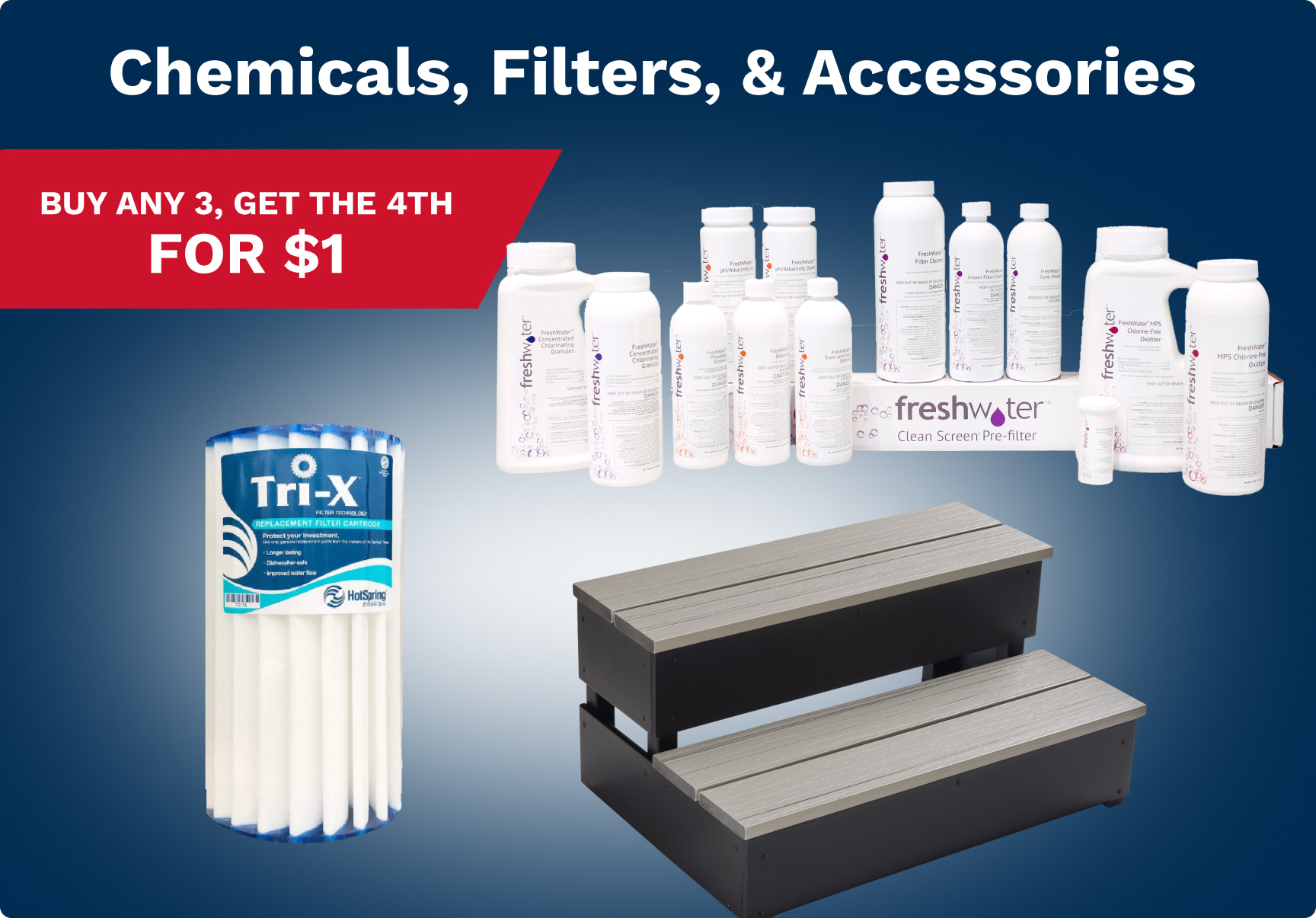 Promotion banner: numerous water treatment bottles and a red 'Buy any 3, get the 4th for $1' offer with a blue gradient backdrop.