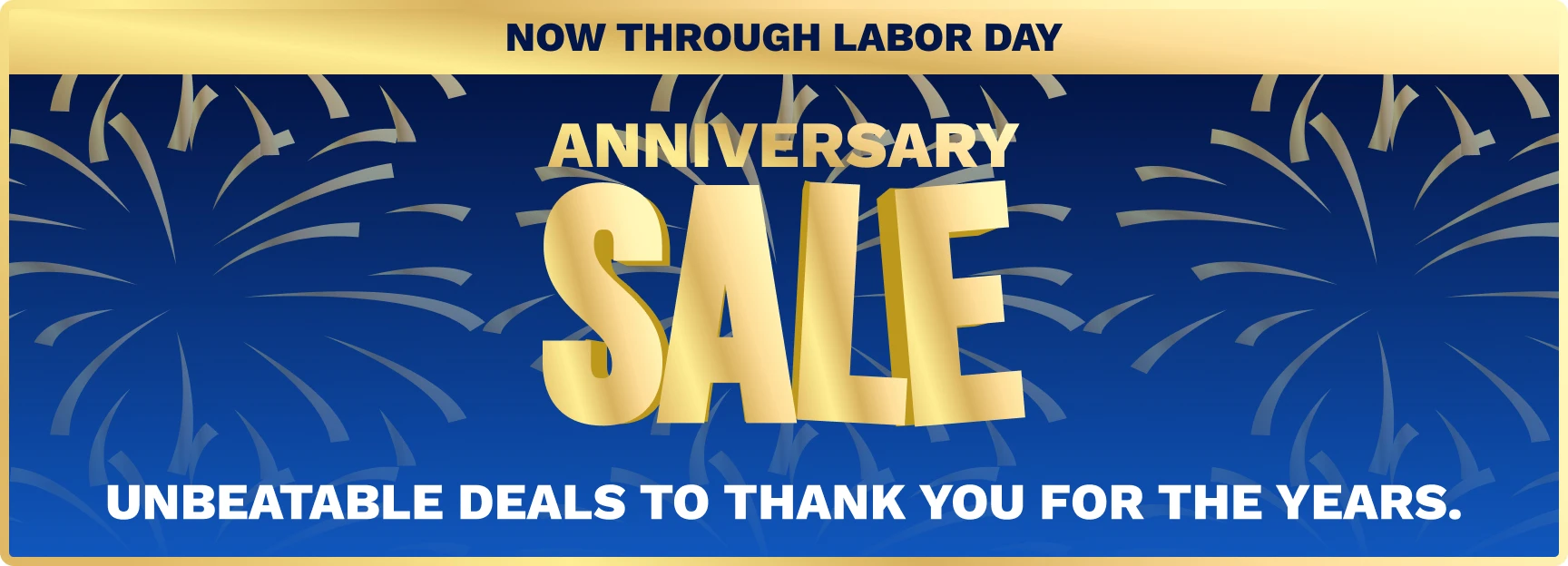 Promotional banner for an anniversary sale through Labor Day with large gold SALE letters on a blue gradient and festive confetti patterns, plus supporting text at top and bottom.